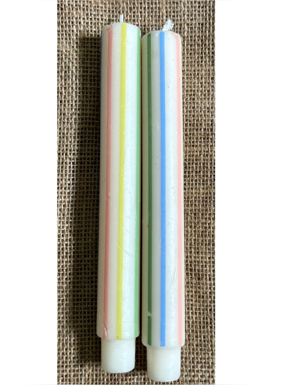 Set Of Two Pastel Striped Wax Taper Candles Cute Twee Retro Playful Colorful Fun
